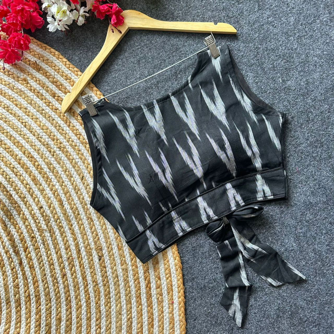 Ikkat Handloom Blouse with Back Tie Bow - Maantee