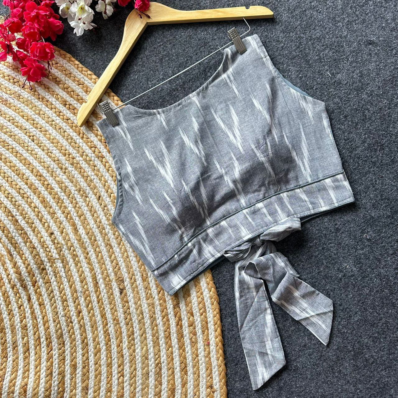 Ikkat Handloom Blouse with Back Tie Bow - Maantee