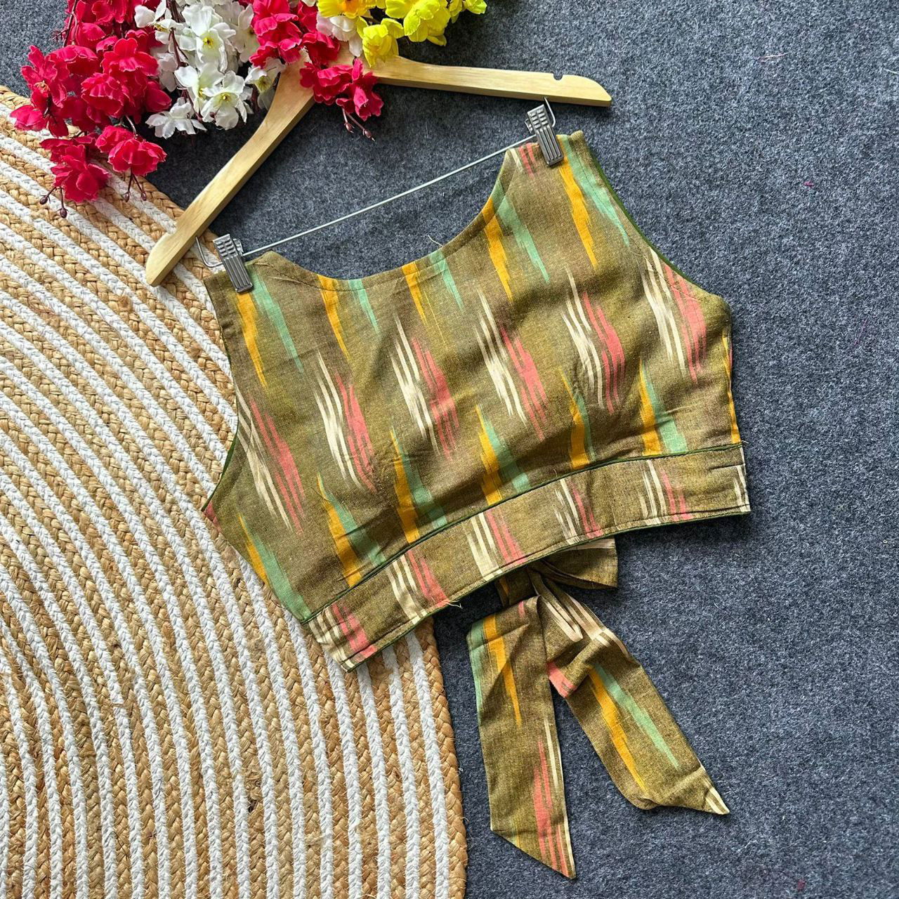 Ikkat Handloom Blouse with Back Tie Bow - Maantee