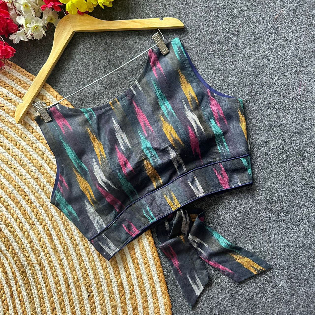 Ikkat Handloom Blouse with Back Tie Bow - Maantee