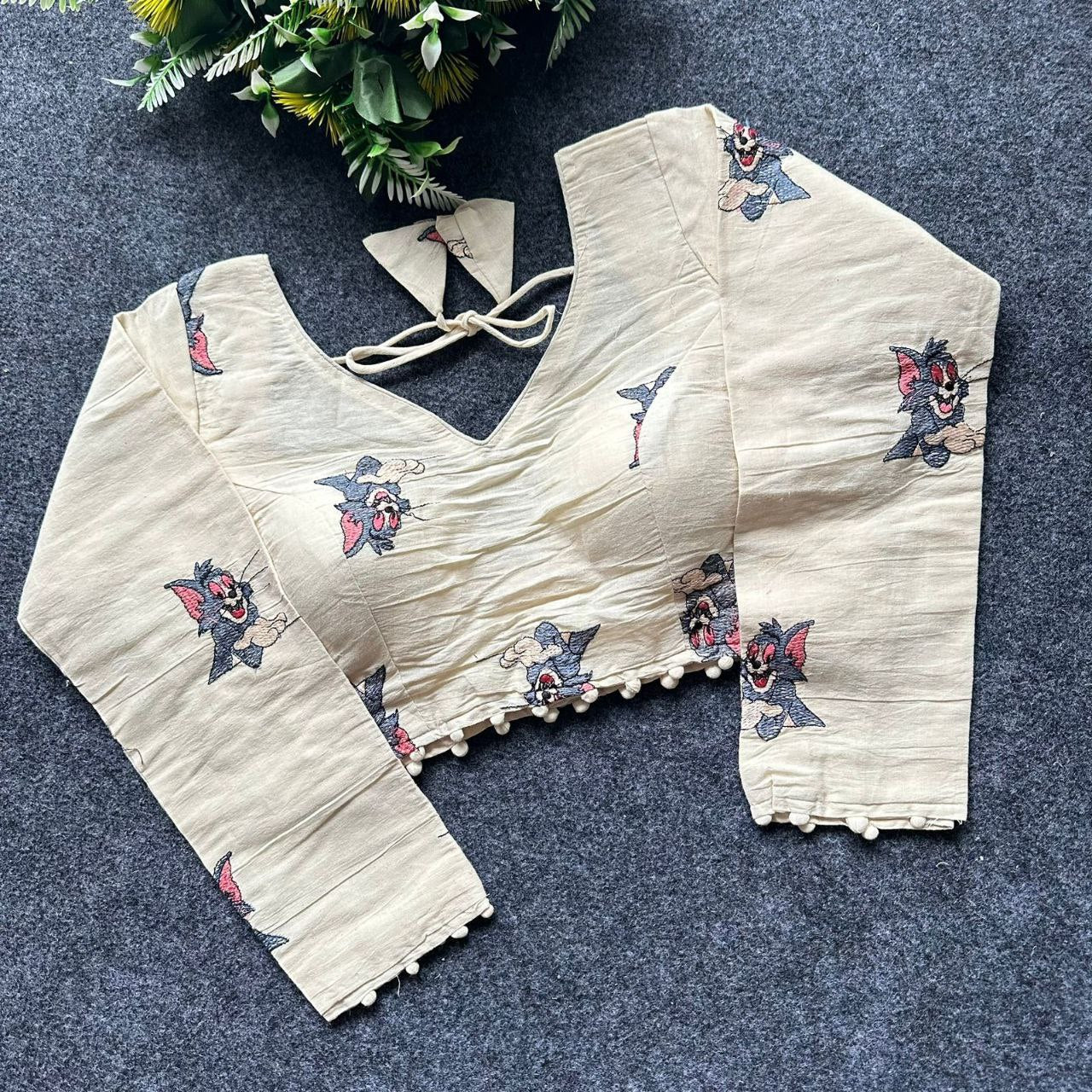 Tom & Jerry Embroidered Khadi Cotton Blouse - Maantee